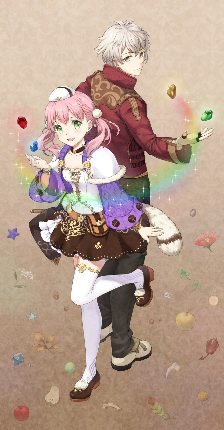 1boy 1girl apple atelier_(series) atelier_escha_&amp;_logy back-to-back black_pants bone bracelet brown_background brown_footwear brown_skirt commentary_request escha_malier feathers fingerless_gloves floating floating_object flower food fruit full_body gem gloves green_eyes hand_up hat highres jacket jewelry logix_ficsario long_hair long_sleeves looking_at_viewer looking_back mini_hat open_mouth pants pear pink_hair rainbow red_apple red_flower red_jacket shirt shoes short_hair skirt smile standing standing_on_one_leg thighhighs twintails unya_(unya-unya) white_flower white_hair white_hat white_shirt white_thighhighs yellow_eyes