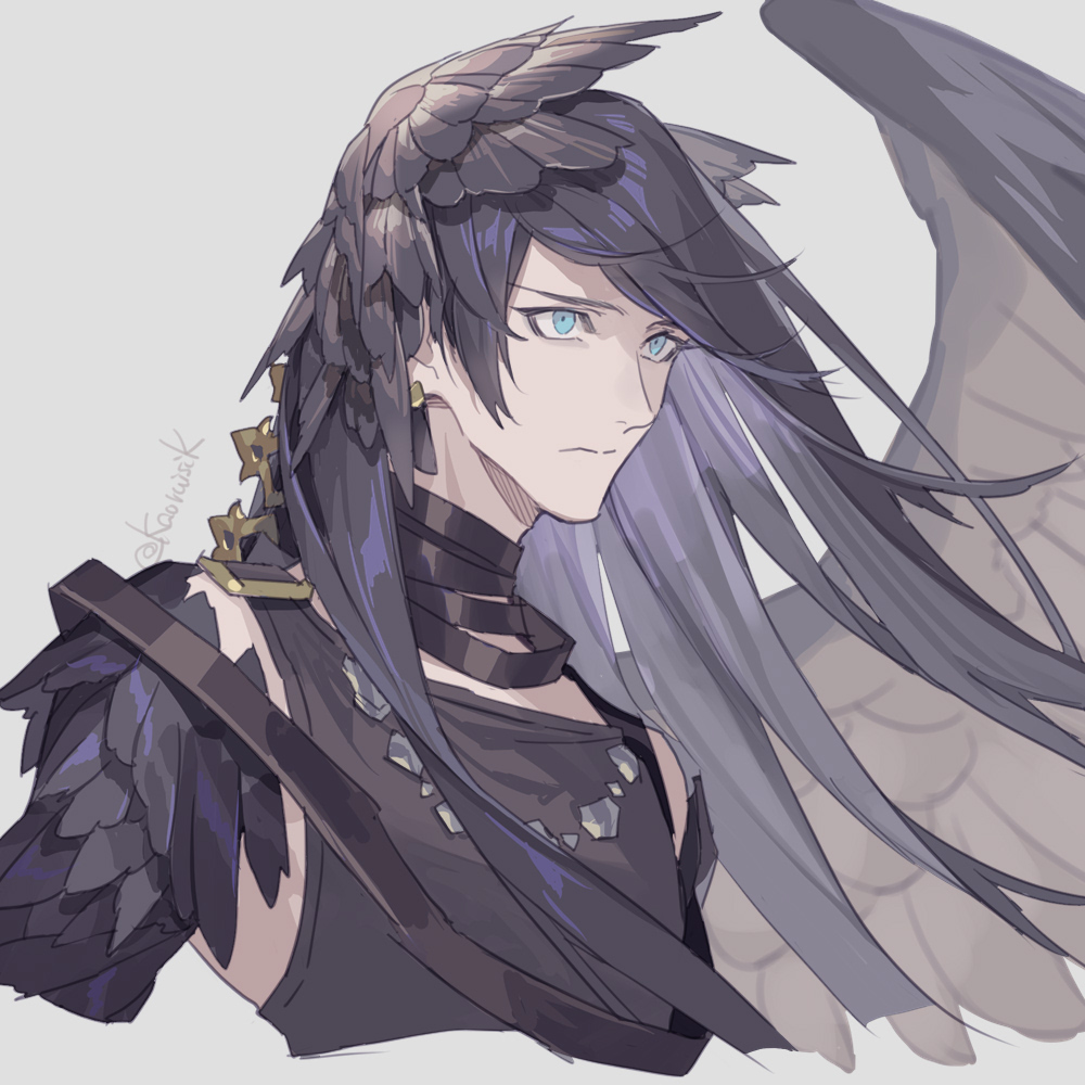 1boy artist_name asymmetrical_arms bag bandaged_neck bandages black_hair black_wings blue_eyes commentary_request expressionless feather_hair feathered_wings floating_hair from_side granblue_fantasy hair_between_eyes light_frown long_hair looking_ahead male_focus messy_hair piercing portrait pota_(bluegutty) sariel_(granblue_fantasy) shoulder_bag signature single_wing solo tank_top twitter_username wings