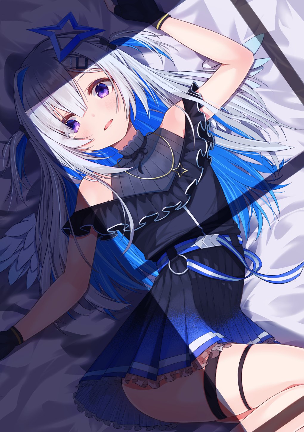 1girl amane_kanata amane_kanata_(work) angel_wings arm_up belt black_dress black_gloves blue_belt blue_hair blush colored_inner_hair commentary_request dress feathered_wings frilled_dress frills gloves gradient_dress grey_hair hair_ornament hairclip halo highres hololive jewelry long_hair lying mini_wings multicolored_hair neck_ribbon necklace official_alternate_costume official_alternate_hairstyle on_back open_mouth partially_fingerless_gloves pleated_dress purple_eyes ribbon short_dress single_hair_intake solo star_(symbol) star_halo star_necklace streaked_hair thigh_strap two_side_up virtual_youtuber window_shadow wings yaki_no_yaki