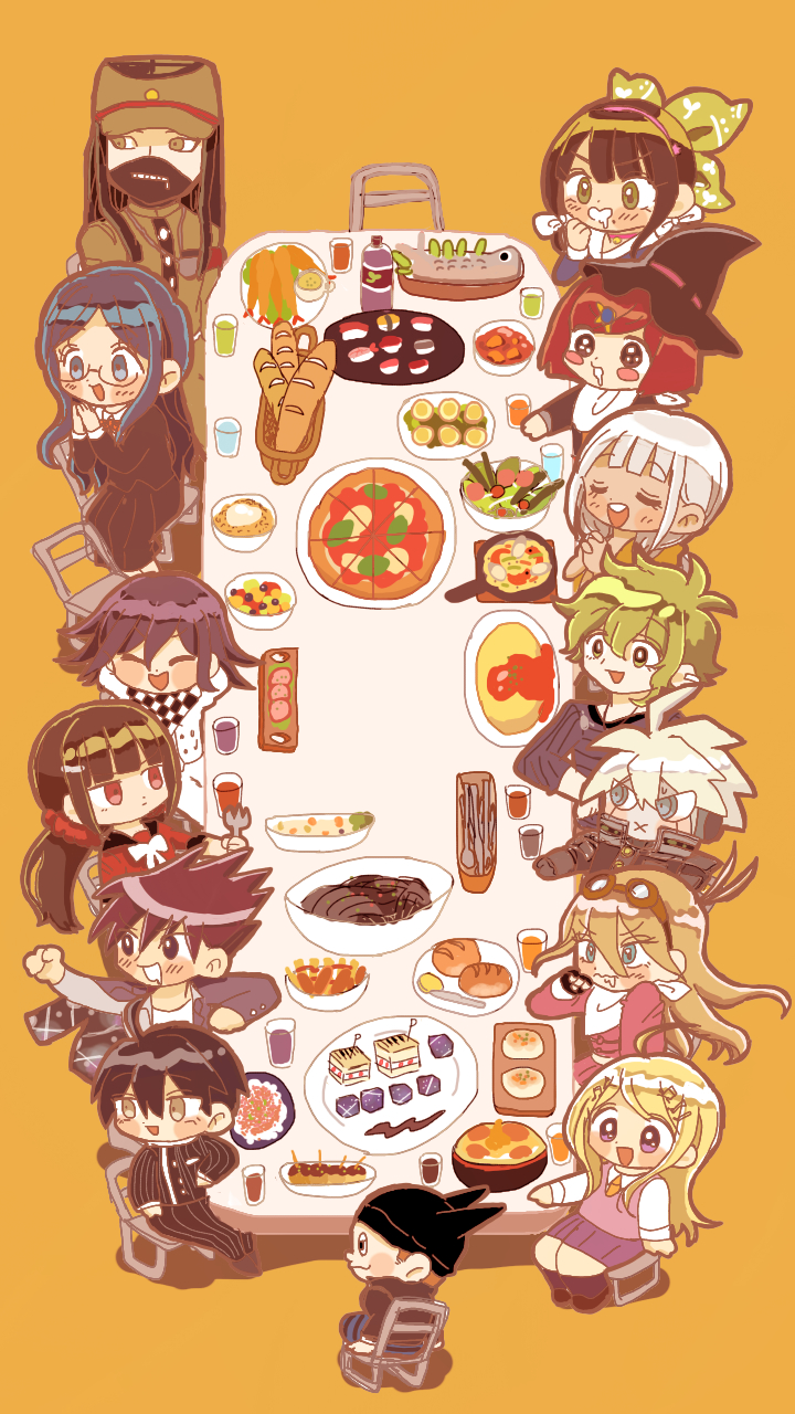 6+boys 6+girls :3 ahoge akamatsu_kaede amami_rantaro android animal_ear_headwear animal_ears antenna_hair arm_on_table armband arms_behind_head baguette beanie bell bib black_eyes black_footwear black_gloves black_hair black_hat black_jacket black_mask black_pants black_sailor_collar black_scarf black_skirt black_sleeves blazer blonde_hair blue_eyes blue_hair blue_pants blue_shirt blue_sleeves blunt_bangs blunt_ends blush_stickers bow bowtie bread brown-framed_eyewear brown_eyes brown_hair butter buttons cat_ears chabashira_tenko checkered_clothes checkered_scarf chibi choker clenched_hand clenched_teeth closed_eyes closed_mouth coat coat_partially_removed collared_shirt covered_mouth danganronpa_(series) danganronpa_v3:_killing_harmony dark-skinned_female dark_skin drooling ear_piercing eating expressionless eyelashes fake_animal_ears fingerless_gloves floral_print food food_request fork full_body gakuran glass glasses gloves goggles goggles_on_head green_bow green_eyes green_hair green_hat green_jacket green_pants green_sleeves grey_jacket grey_sleeves grey_socks hair_between_eyes hair_bow hair_ornament hair_scrunchie hand_on_own_cheek hand_on_own_face hand_on_own_hip hardboiled_egg harukawa_maki hat highres holding holding_fork hoshi_ryoma interlocked_fingers iruma_miu jacket jewelry juice k1-b0 kneehighs layered_sleeves leather leather_jacket long_hair long_sleeves low_twintails mask medium_skirt messy_hair midriff miniskirt momota_kaito mouth_mask multiple_boys multiple_girls multiple_hair_bows musical_note musical_note_hair_ornament neck_bell necktie noodles oma_kokichi on_chair open_mouth orange_background orange_bow orange_bowtie orange_necktie outstretched_arms own_hands_clasped own_hands_together pants peaked_cap pendant piercing pink_choker pink_hair pink_shirt pink_skirt pink_sleeves pink_vest pinstripe_pants pinstripe_pattern pinstripe_shirt pizza pocket pointing pointing_forward praying purple_coat purple_eyes purple_skirt ramen red_armband red_eyes red_hair red_scarf red_shirt red_sleeves round_eyewear saihara_shuichi sailor_collar sailor_shirt salad scarf school_uniform scrunchie shinguji_korekiyo shirogane_tsumugi shirt shoes short_hair simple_background sitting skirt skirt_set sleeves_past_elbows smile socks space_print spiked_hair starry_sky_print straight_hair striped_clothes striped_pants striped_shirt sugi_haeru sushi table teeth tempura twintails two-sided_coat two-sided_fabric two-tone_scarf upper_teeth_only v-neck v-shaped_eyebrows v-shaped_eyes vertical-striped_sleeves very_long_hair vest white_bow white_bowtie white_hair white_jacket white_sailor_collar white_scarf white_shirt white_sleeves wide_sleeves witch_hat x yellow_eyes yellow_raincoat yellow_sleeves yonaga_angie yumeno_himiko zipper zipper_pull_tab