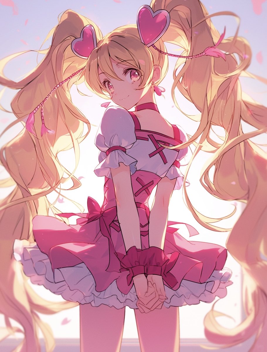 1girl arms_behind_back backlighting blonde_hair choker cowboy_shot cross-laced_clothes cure_peach dress earrings fresh_precure! from_behind hair_ornament heart heart_earrings heart_hair_ornament highres jewelry long_hair looking_at_viewer looking_back magical_girl momozono_love pink_dress pink_eyes precure puffy_short_sleeves puffy_sleeves short_sleeves solo twintails yuekuratsu