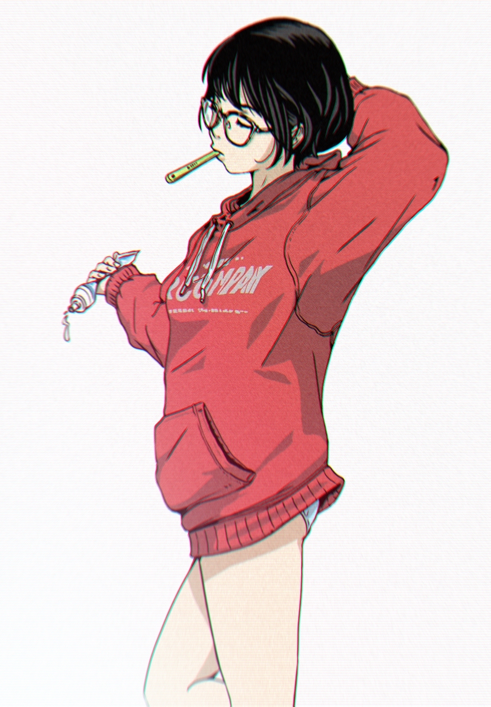 1girl arm_behind_head bare_legs black-framed_eyewear black_hair closed_mouth clothes_writing commentary feet_out_of_frame glasses highres holding hood hood_down hoodie long_sleeves mouth_hold original panties pocket red_hoodie short_hair simple_background squeezing symbol-only_commentary tachenie toothbrush_in_mouth toothpaste underwear white_background white_panties