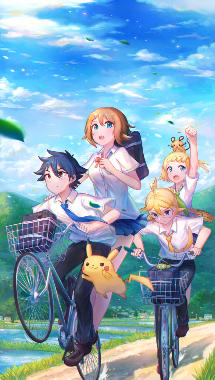 2boys 2girls ahoge alternate_costume arm_up ash_ketchum bicycle black_hair black_pants blue_necktie bonnie_(pokemon) brown_eyes brown_footwear clemont_(pokemon) clenched_hand closed_mouth cloud collared_shirt commentary day dedenne falling_leaves glasses highres holding kutsunohito leaf multiple_boys multiple_girls necktie on_head open_mouth outdoors pants path pikachu pokemon pokemon_(anime) pokemon_(creature) pokemon_on_head pokemon_xy_(anime) rice_paddy riding riding_bicycle round_eyewear serena_(pokemon) shirt shoes short_hair short_sleeves sky white_shirt zygarde zygarde_core
