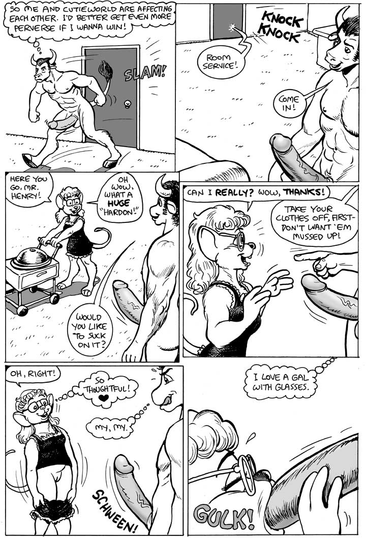 anthro balls big_penis black_and_white black_hair bovine clothed clothing comic english_text erection eyes_closed eyewear female glasses hair karno male male/female mammal monochrome mouse nude open_mouth oral penis pussy rodent sex speech_bubble teeth text undressing