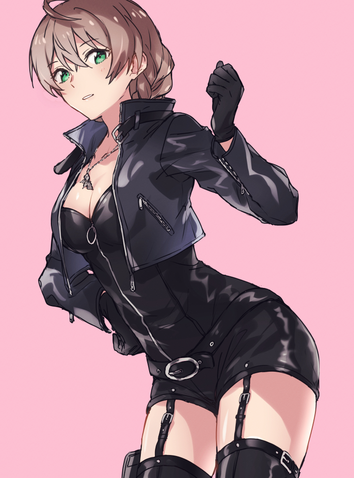 1girl ahoge belt black_belt black_bodysuit black_gloves black_jacket black_thighhighs blush bodysuit braid breasts brown_hair cleavage clenched_hand cowboy_shot cropped_jacket from_side garter_straps gloves green_eyes hair_between_eyes hand_on_own_hip hand_up idolmaster idolmaster_million_live! idolmaster_million_live!_theater_days jacket jewelry large_breasts leaning_forward long_sleeves looking_at_viewer necklace open_clothes open_jacket parted_lips pink_background sakuramori_kaori satsumi short_hair simple_background solo standing thighhighs zipper zipper_pull_tab