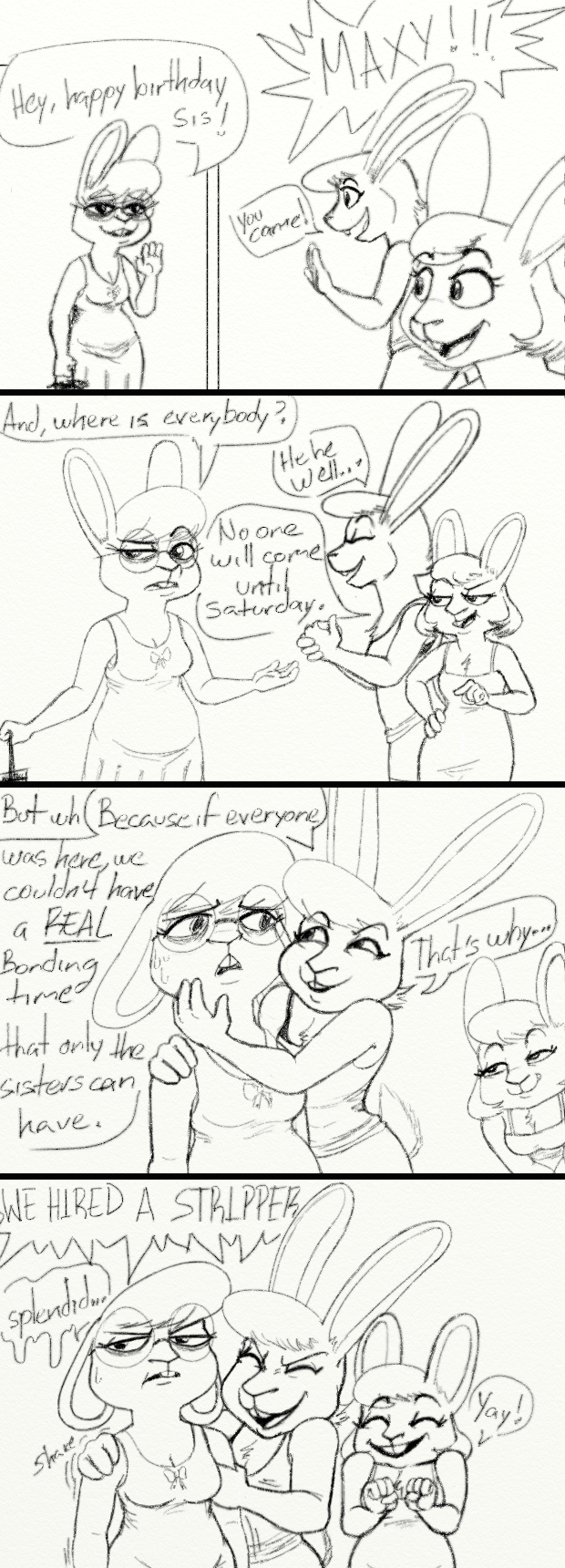 2017 anthro chest_tuft clothed clothing comic dialogue disney english_text eyewear fan_character female glasses hugh_muskroura jonsthaman lagomorph mammal maxine_d'lapin rabbit sibling simple_background sister text tuft zootopia