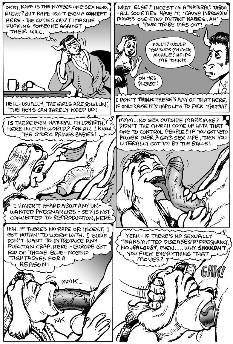 anthro balls big_penis black_and_white black_hair bovine breasts canine cleavage clothed clothing comic deep_throat dog english_text fangs female hair karno licking male male/female mammal monochrome open_mouth oral penis sex speech_bubble teeth text thought_bubble tongue tongue_out undressing