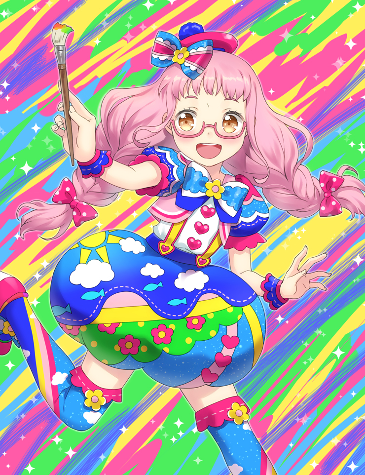 1girl :d beret blue_skirt blue_thighhighs blush bow braid brown_eyes bubble_skirt colorful commentary_request cropped_jacket glasses hat holding holding_paintbrush idol_clothes kiki_ajimi long_hair looking_at_viewer multicolored_background open_mouth paintbrush pink-framed_eyewear pink_bow pink_hair pretty_series print_skirt pripara puffy_short_sleeves puffy_sleeves shirt short_sleeves skirt smile solo standing standing_on_one_leg suspender_skirt suspenders thighhighs twin_braids unya_(unya-unya) white_shirt wrist_cuffs