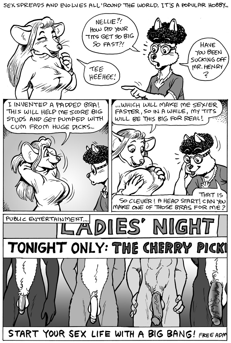 anthro balls big_penis black_and_white black_hair clothed clothing comic english_text eyes_closed eyewear faceless_male female glasses hair karno male mammal monochrome mouse nude open_mouth penis rodent speech_bubble teeth text
