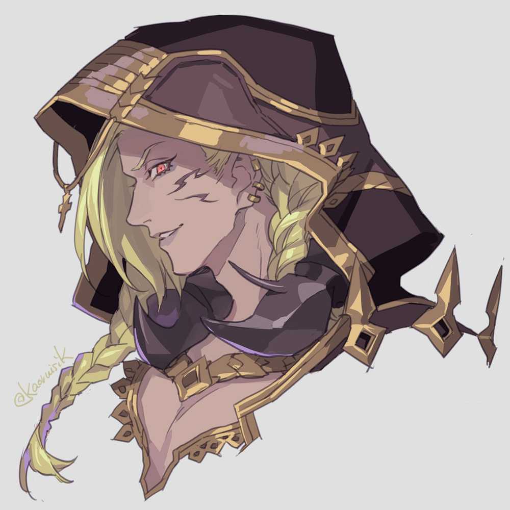 1boy artist_name beelzebub_(granblue_fantasy) braid cleavage_cutout clothing_cutout commentary_request cross dark-skinned_male dark_skin earrings evil_smile facial_mark floating_hair from_side furrowed_brow gold_earrings gold_trim granblue_fantasy hair_between_eyes hood hood_up jewelry looking_at_viewer male_focus multiple_earrings parted_lips pectoral_cleavage pectorals portrait pota_(bluegutty) profile purple_lips red_eyes shaded_face signature smile solo twin_braids twitter_username