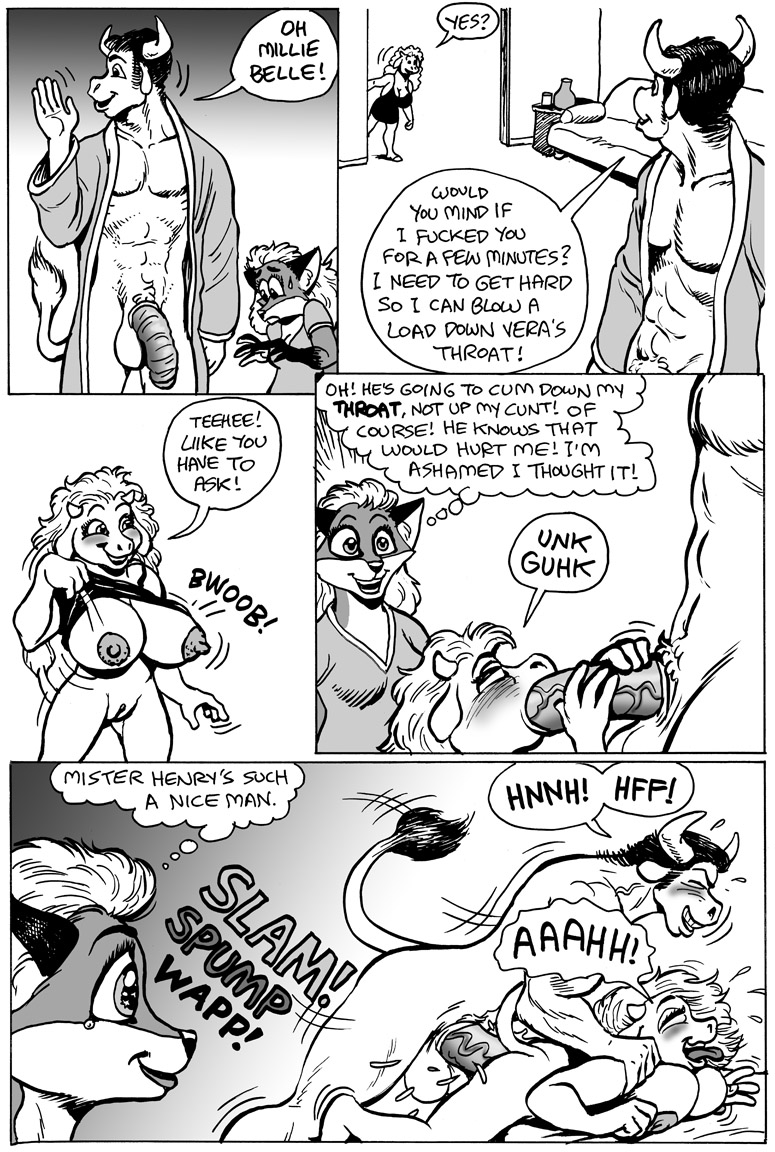 anthro areola balls big_breasts big_penis black_and_white black_hair blush bovine breasts canine clothed clothing comic english_text eyes_closed female fox hair karno male male/female mammal monochrome nipples nude open_mouth oral penetration penis pussy speech_bubble tears teeth text thought_bubble tongue tongue_out undressing vaginal vaginal_penetration