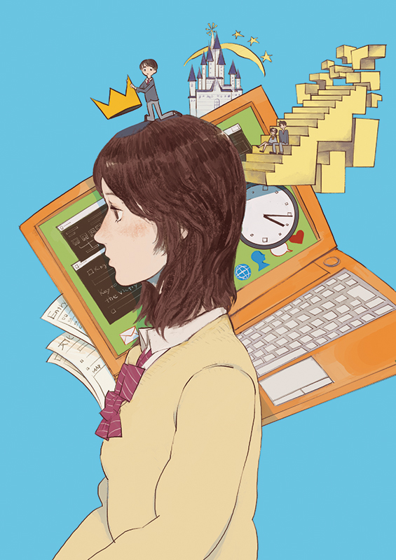 1girl brown_hair castle clock computer crown from_side laptop long_sleeves looking_ahead medium_hair oversized_object sailor_collar school_uniform simple_background sitting sitting_on_stairs solo_focus stairs standing tagme taro.y