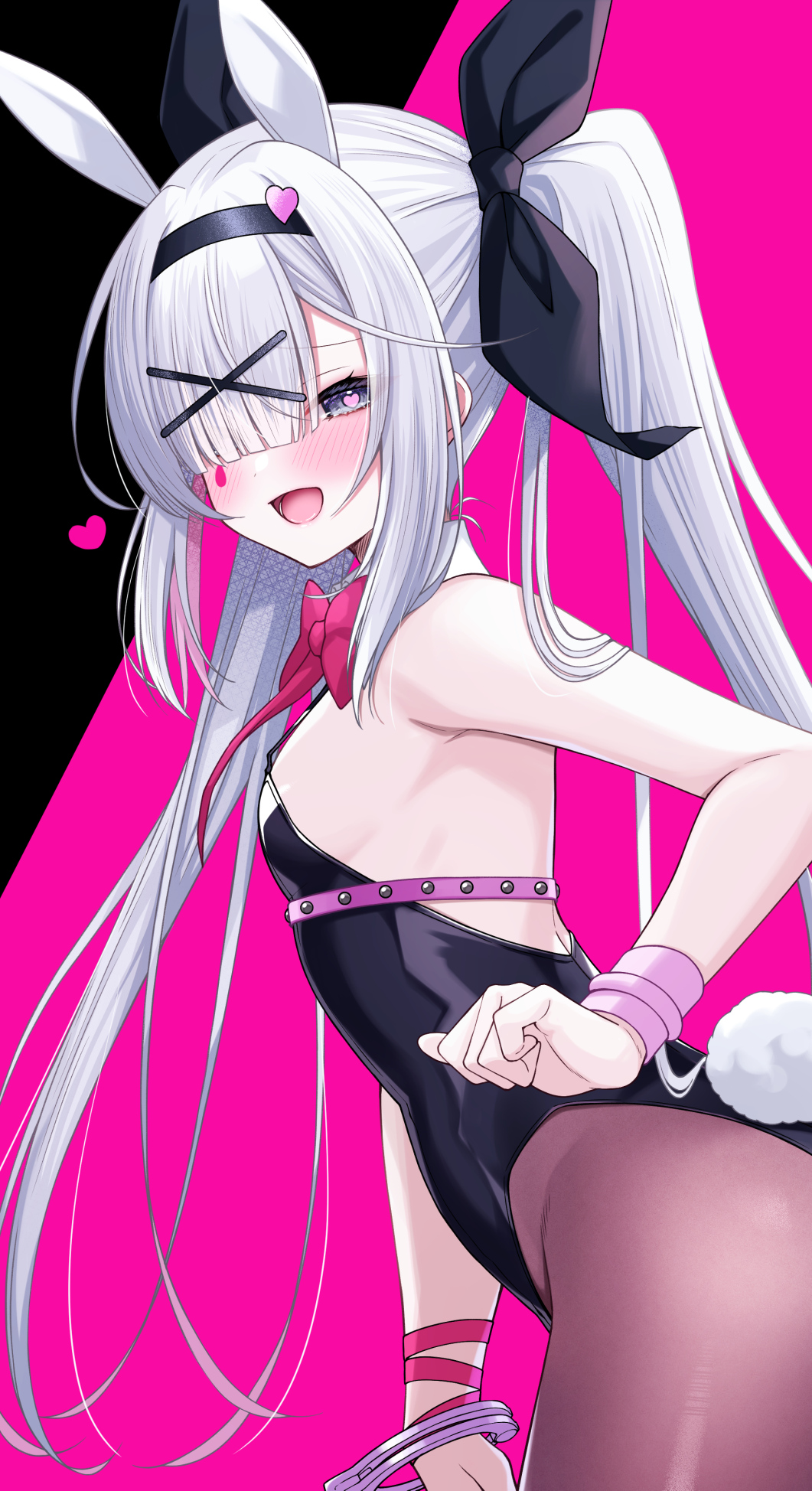 1girl :d animal_ears bar_censor black_eyes black_hairband black_leotard black_pantyhose blue_archive blush breasts censored colored_inner_hair cuffs detached_sleeves fake_animal_ears fukemachi grey_hair hair_ornament hair_over_one_eye hairband heart heart-shaped_pupils highres leotard long_hair looking_at_viewer multicolored_hair open_mouth pantyhose penis pink_hair plana_(blue_archive) playboy_bunny rabbit_ears rabbit_hole_(vocaloid) shackles small_breasts smile solo symbol-shaped_pupils torn_clothes torn_pantyhose x_hair_ornament