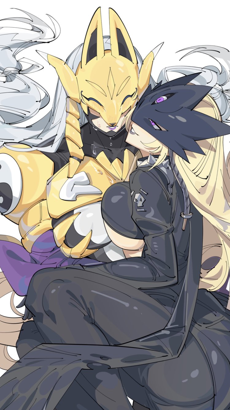 2girls armor ass beelstarmon black_bodysuit black_coat black_pants black_scarf blonde_hair blush bodysuit breasts coat covered_eyes digimon eye_mask fox_mask highres long_hair mask multiple_girls pants purple_eyes purple_lips sakuyamon scarf simple_background skin_tight third_eye underboob white_background white_hair yellow_armor yin_yang yuri zocehuy