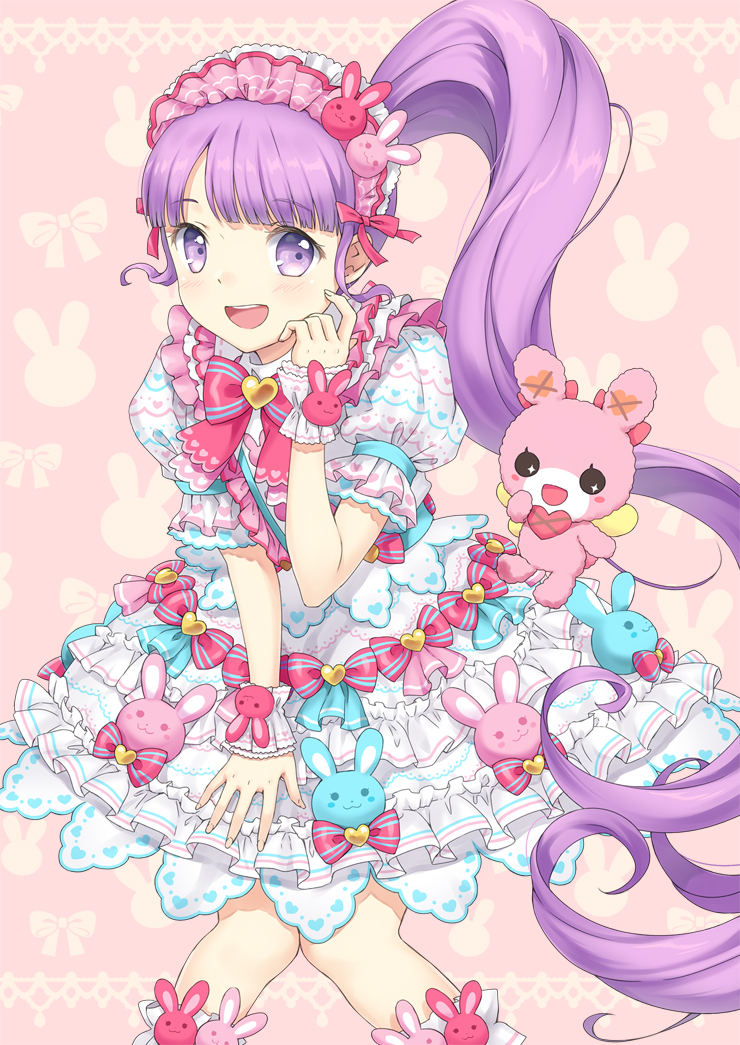 1girl :d blunt_bangs blush bow commentary_request dress feet_out_of_frame frilled_dress frills hairband hand_up idol_clothes knees_together_feet_apart lolita_fashion long_hair looking_at_viewer manaka_non open_mouth pink_bow pink_hairband pretty_series pripara puffy_short_sleeves puffy_sleeves purple_eyes purple_hair short_sleeves side_ponytail smile solo standing stuffed_animal stuffed_rabbit stuffed_toy sweet_lolita unya_(unya-unya) usacha very_long_hair white_dress wrist_cuffs