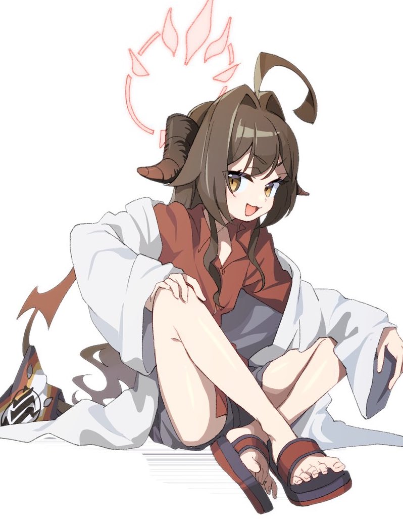 1girl ahoge ass black_hair black_horns black_shorts black_tail blue_archive buttons coat collared_shirt demon_horns ebifried hair_between_eyes hair_intakes halo horns kasumi_(blue_archive) lab_coat long_hair long_sleeves open_clothes open_coat open_mouth red_halo red_shirt sandals shirt shorts simple_background sitting smile solo toes white_background white_coat yellow_eyes