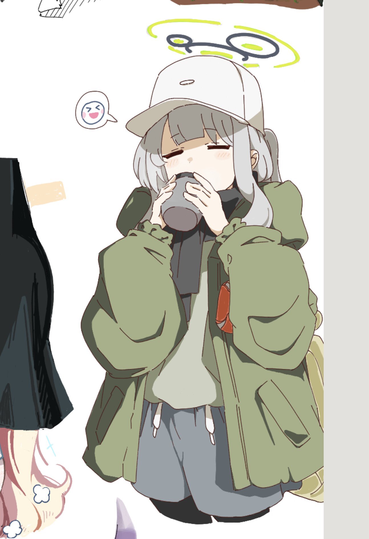 &gt;_&lt; 1girl =_= baseball_cap black_scarf blue_archive blush_stickers covered_mouth cropped_legs cup green_jacket green_shirt grey_hair halo hare_(blue_archive) hare_(camp)_(blue_archive) hat highres holding holding_cup jacket long_sleeves open_clothes open_jacket puffy_sleeves scarf shirt short_hair sidelocks spoken_expression uni_gyoza white_background