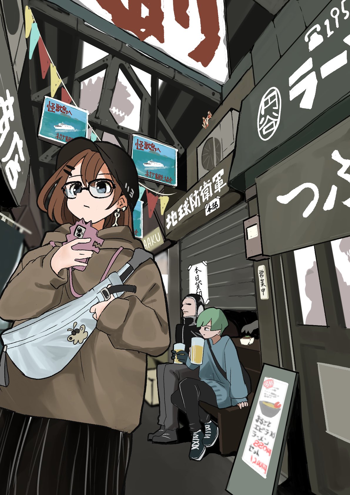 1girl 2boys baseball_cap black_hat black_skirt brown_hair brown_hoodie cellphone earrings grey_eyes hair_ornament hairclip hat highres holding holding_phone hood hoodie itochin_d jewelry kiosk looking_to_the_side market multiple_boys original phone road skirt smartphone street