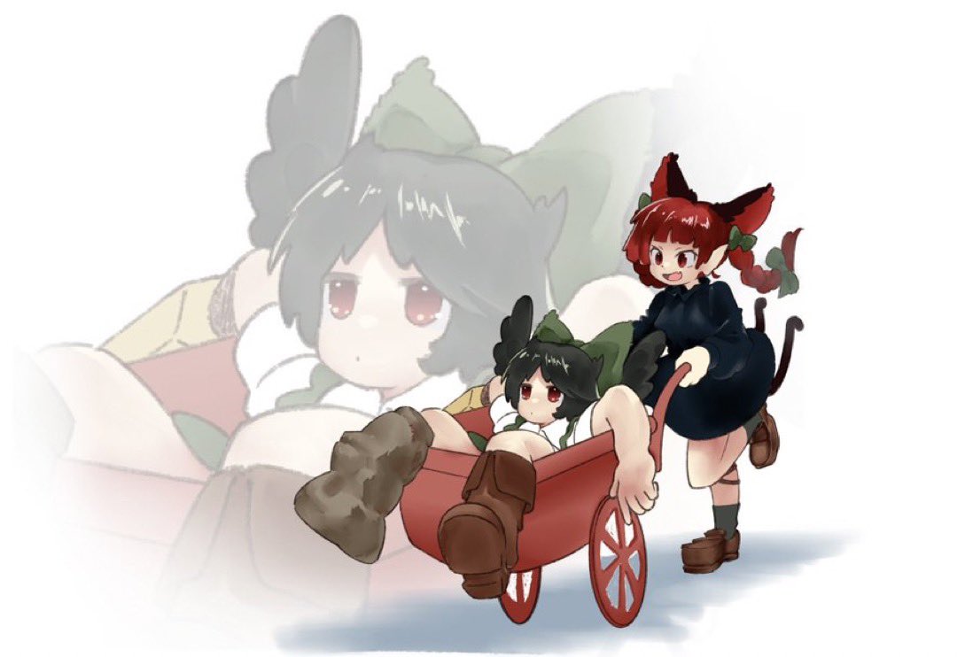 2girls :d animal_ears asymmetrical_legwear bird_wings black_dress black_hair bow braid cat_ears cat_tail commentary_request dress extra_ears fang feathered_wings green_bow hair_bow kaenbyou_rin leg_ribbon multiple_girls multiple_tails pointy_ears red_eyes red_hair reiuji_utsuho ribbon rn_(sbr2933090) shadow simple_background skin_fang smile tail touhou twin_braids two_tails wheelbarrow white_background wings