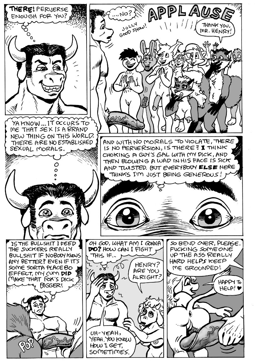 anthro anus areola balls black_and_white black_hair bovine breasts canine comic donkey english_text equine erect_nipples female fox hair half-closed_eyes karno male male/female mammal monochrome nipples nude open_mouth penis pussy speech_bubble teeth text thought_bubble