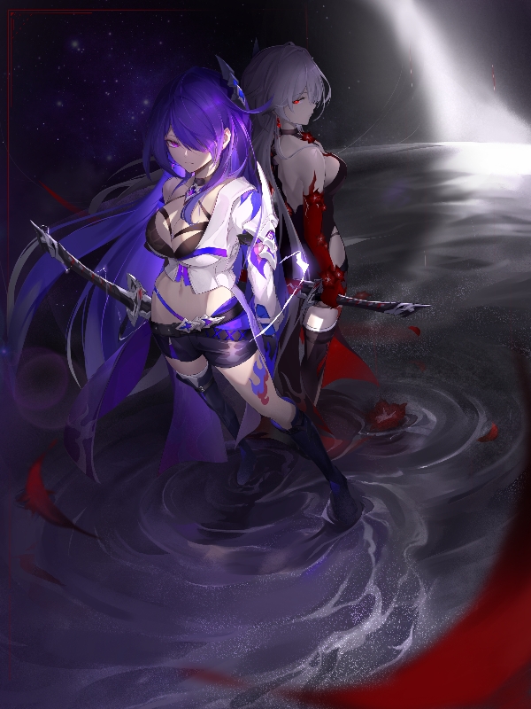 2girls acheron_(honkai:_star_rail) black_footwear boots breasts brs_(33143752) commentary_request dual_persona grey_hair hair_ornament holding holding_sword holding_weapon honkai:_star_rail honkai_(series) katana large_breasts leg_tattoo long_hair looking_at_viewer midriff multiple_girls navel official_alternate_color purple_eyes purple_hair red_eyes single_bare_shoulder standing sword tattoo thigh_boots very_long_hair weapon
