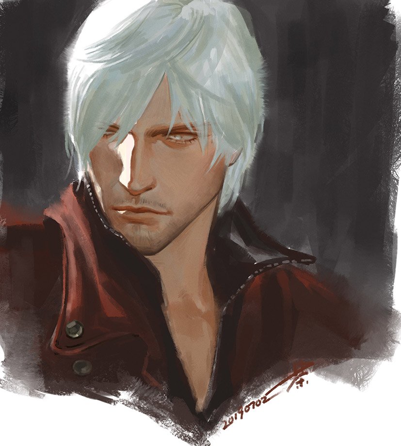 1boy aged_up blue_eyes closed_mouth coat dante_(devil_may_cry) devil_may_cry_(series) devil_may_cry_4 facial_hair hair_over_one_eye looking_to_the_side luckytea_777 male_focus red_coat solo white_hair