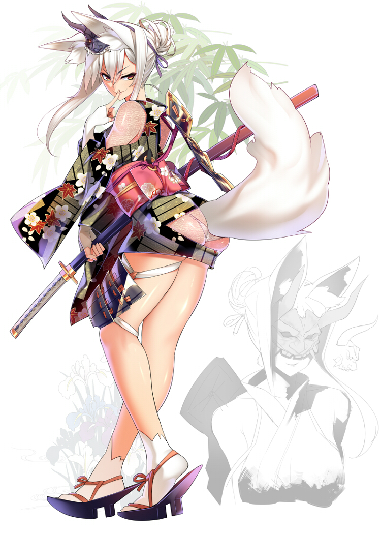 animal_ear_fluff animal_ears armor ass ass_cutout bare_shoulders brown_eyes closed_mouth commentary_request dragonmaterial eyebrows_visible_through_hair finger_to_mouth fingerless_gloves fishnets fox_ears fox_tail full_body gloves hair_bun japanese_clothes katana kimono leaning_forward mask mask_on_head obi oni_mask original panties sandals sash short_kimono sidelocks smile solo standing sword tabi tail tail_slit_clothes thigh_strap underwear weapon white_gloves white_hair white_panties