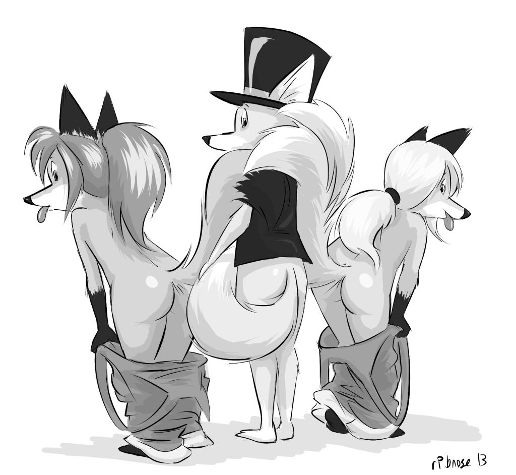 2013 anthro bottomless butt canine clothed clothing female fox greyscale group hat male mammal millie monochrome ozy ozy_and_millie ribnose tongue tongue_out top_hat topless young