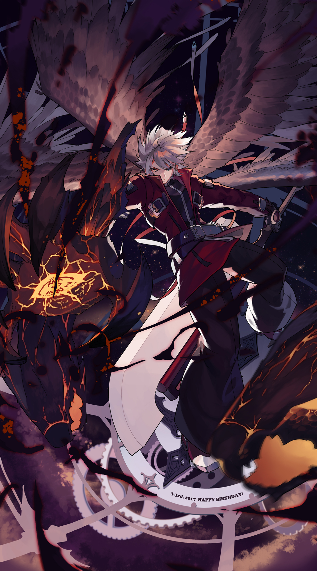 black_pants blazblue claws coat dated feathered_wings full_body green_eyes happy_birthday heterochromia highres male_focus messy_hair pants ragna_the_bloodedge red_coat red_eyes selenoring silver_hair solo spiked_hair sword weapon wings