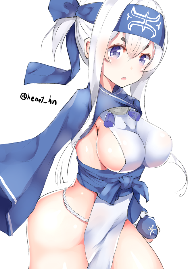 :o ainu_clothes bandana blue_eyes blush breasts commentary_request cowboy_shot cropped_jacket dress folded_ponytail from_side hair_between_eyes headband henet_hene kamoi_(kantai_collection) kantai_collection large_breasts long_hair long_sleeves looking_at_viewer looking_to_the_side pelvic_curtain sideboob sidelocks simple_background sleeveless sleeveless_dress solo thick_eyebrows thighs twitter_username v-shaped_eyebrows white_background white_dress white_hair wrist_guards