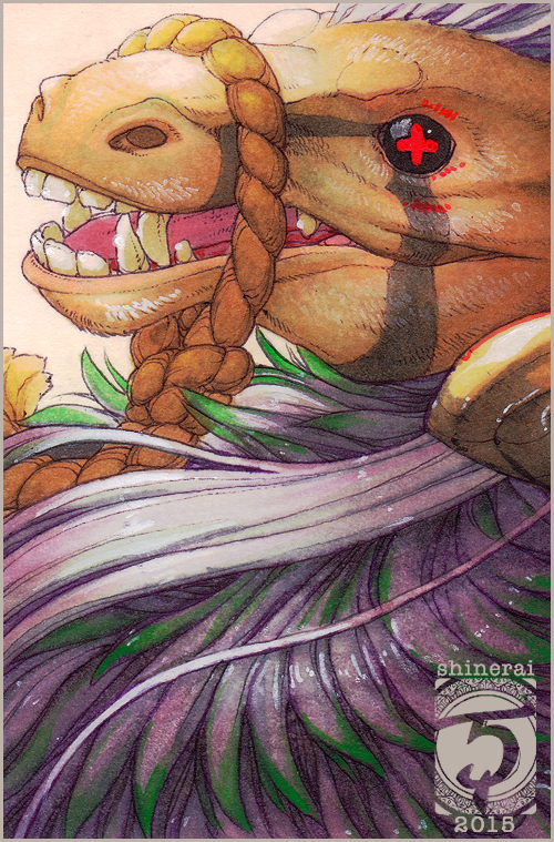 2015 dragon feral hair horn open_mouth purple_hair rope shinerai teeth tongue traditional_media_(artwork)