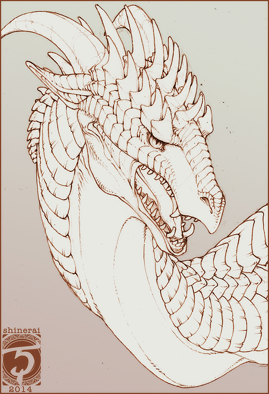 2014 dragon horn open_mouth scales shinerai simple_background teeth tongue traditional_media_(artwork)