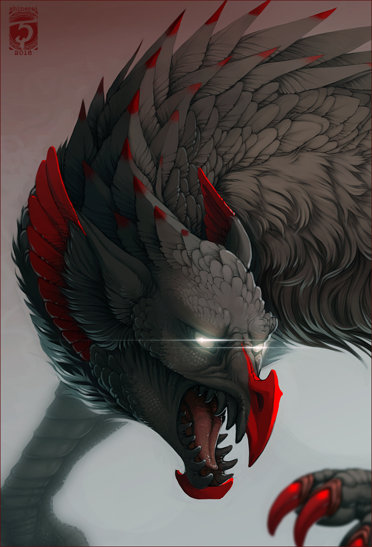 2016 avian beak black_feathers black_fur claws digital_media_(artwork) feathers fur gryphon open_mouth shinerai teeth tongue white_eyes