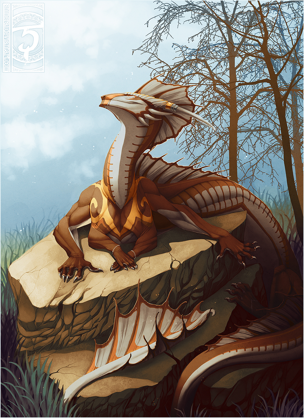 2013 claws day detailed_background digital_media_(artwork) dragon feral forest horn multi_arm multi_limb outside shinerai sky smooth_horn solo spines tree