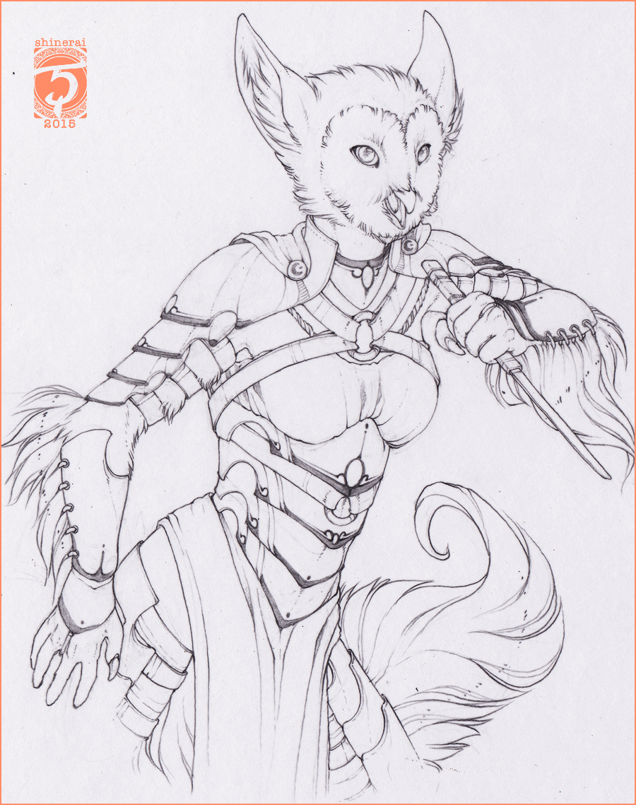 2015 5_fingers anthro armor avian bird clothed clothing female holding_object holding_weapon owl shinerai simple_background solo traditional_media_(artwork) weapon white_background wide_hips