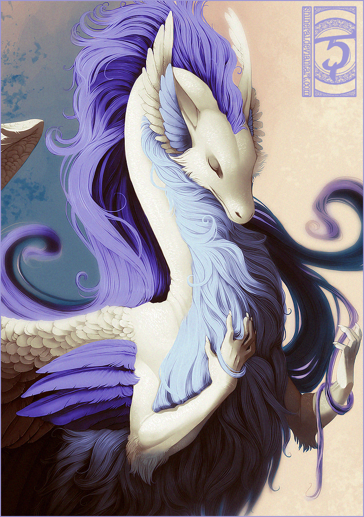 2014 claws digital_media_(artwork) dragon eyes_closed feathered_dragon feathered_wings feathers feral hair purple_hair shinerai solo wings