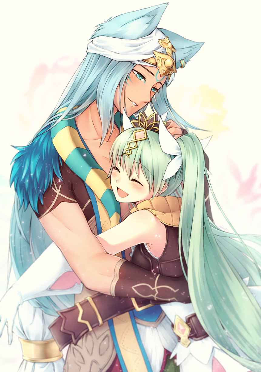 1girl :d ^_^ animal_ears belt blue_eyes blue_hair blush closed_eyes collarbone couple dark_skin ear_clip egyptian egyptian_clothes eyebrows_visible_through_hair facial_mark fox_boy fox_ears fox_tail frey_(rune_factory) from_side gloves gold_trim green_hair hair_between_eyes hair_ribbon hand_on_another's_back hand_on_another's_head hetero highres leon_(rune_factory) long_hair niduca_(hio_touge) open_mouth outstretched_arm outstretched_arms parted_lips ribbon rune_factory rune_factory_4 smile tail twintails very_long_hair white_gloves white_ribbon