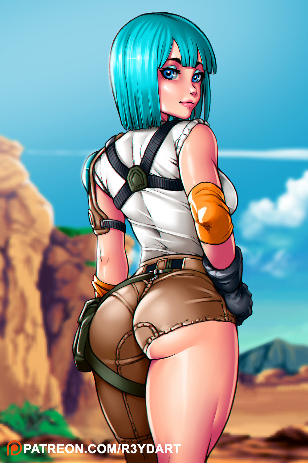 1girl 80s alternate_costume aqua_hair artist_name ass breasts bulma dragon_ball female gluteal_fold huge_ass large_breasts looking_at_viewer looking_back patreon r3ydart shiny_skin short_hair