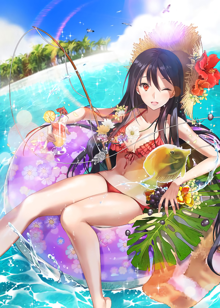 ;d bare_legs barefoot beach bikini black_hair breasts butterflyfish cleavage cocktail_umbrella day drink fish fisheye fishing_rod flounder flower food frilled_bikini frills front-tie_bikini front-tie_top fruit grapes hat hibiscus ice_(ice_aptx) innertube lemon lemon_slice lens_flare long_hair medium_breasts non-web_source one_eye_closed open_mouth outdoors qurare_magic_library reclining red_eyes sidelocks smile solo sparkle straw_hat sun_hat swimsuit towel tropical_drink very_long_hair water_drop