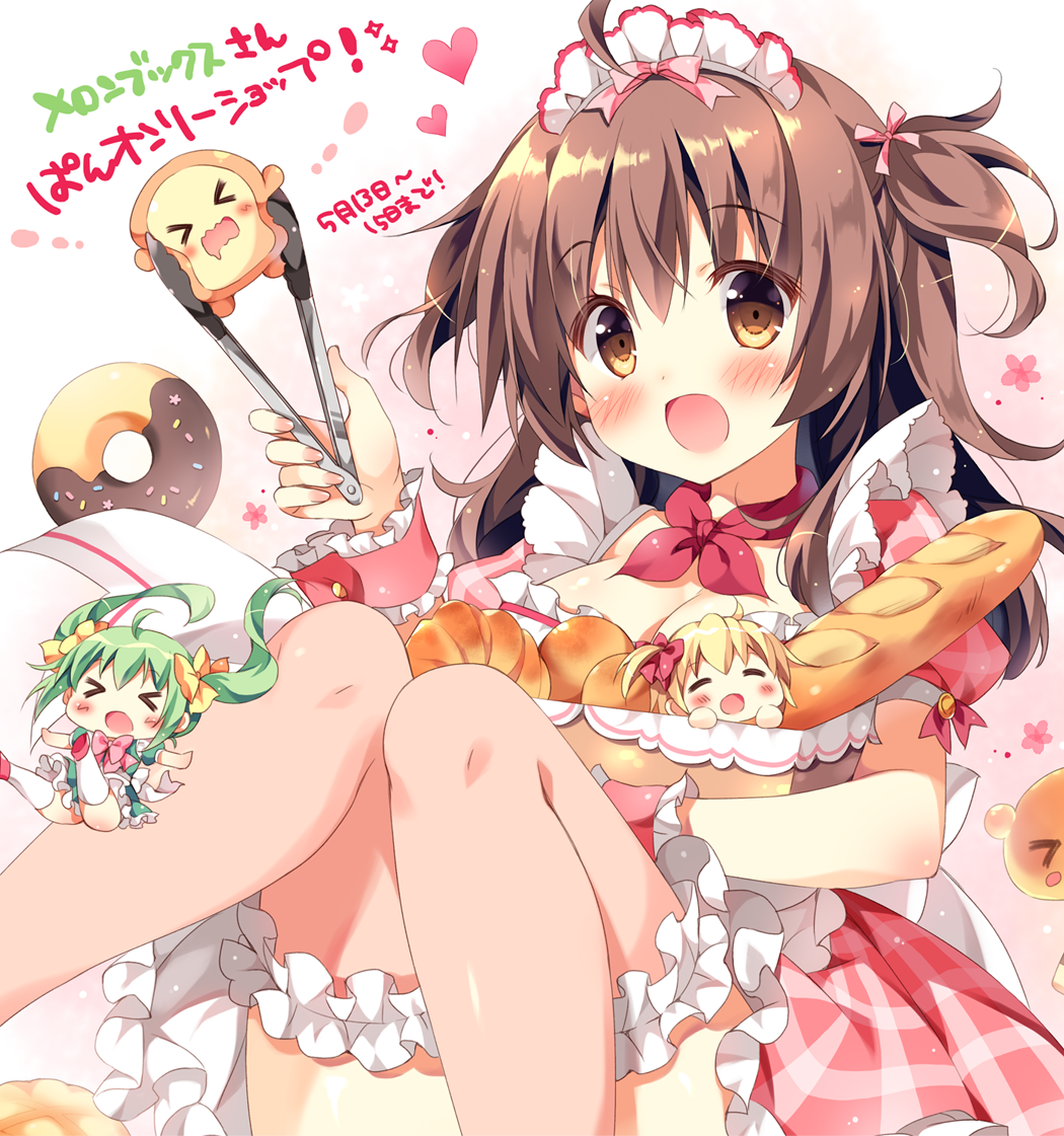 &gt;_&lt; :d :o ahoge baguette bangs blush bow bowtie bread brown_eyes brown_hair chibi closed_eyes commentary_request doughnut food frills hair_bow heart knees_together_feet_apart leg_garter lemon-chan maid_headdress melon-chan melonbooks minigirl multiple_girls neckerchief open_mouth original pan_(mimi) pink_bow pink_legwear pink_neckwear red_bow red_neckwear short_sleeves side_ponytail sitting sliding smile thighhighs tongs twintails two_side_up wrist_cuffs yellow_bow