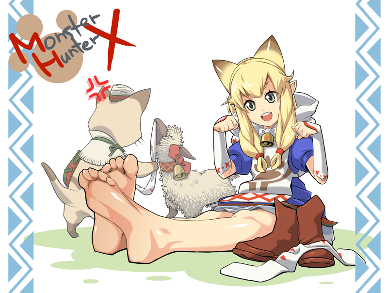 1girl animal_ears arm_warmers barefoot bell bell_collar blonde_hair feet feet_together long_hair looking_at_viewer meowstress monster_hunter monster_hunter_x nekojo open_mouth pointy_ears shoes_removed sitting socks_removed soles toes