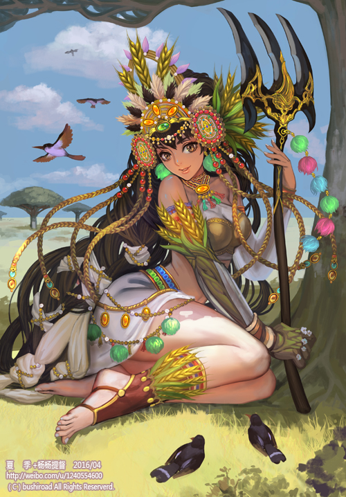 abundant_flowe_maiden_patricia bare_shoulders barefoot barefoot_sandals bird brown_hair cardfight!!_vanguard collaboration company_name dated day feathers full_body gloves grass hat leaf long_hair midriff nail_polish navel official_art outdoors polearm single_glove sitting sky solo teeth toeless_legwear toned tree trident very_long_hair weapon xiaji yang_yang_(tigu) yellow_eyes
