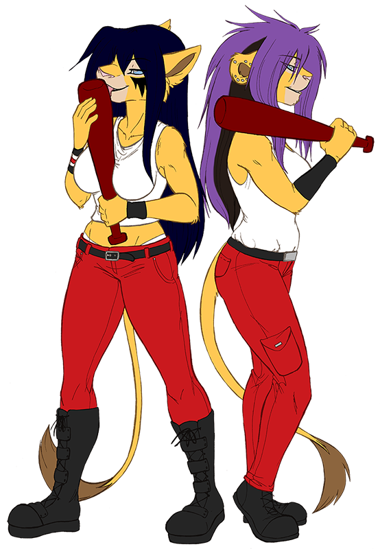 2017 alpha_channel anthro baseball_bat black_hair blue_eyes boots breasts clothing conditional_dnp dark_vilani duo ear_piercing feline female footwear hair holding_object licking lion long_hair mammal pants piercing purple_hair shirt simple_background smile standing tail_tuft tongue tongue_out transparent_background tuft vilani vilani_(character)