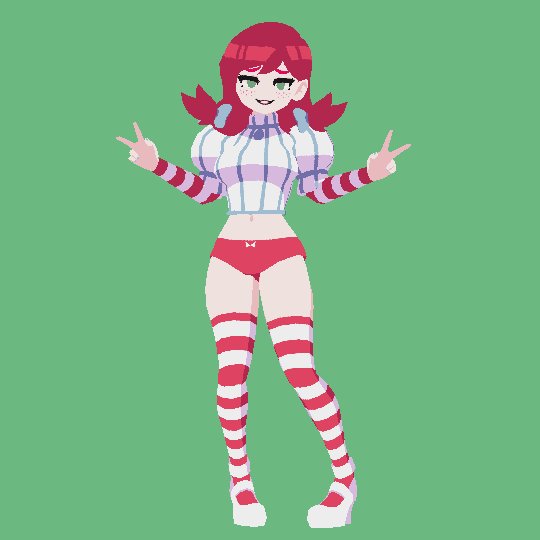 1girl 3d animated animated_gif bouncing_breasts breasts freckles full_body green_eyes medium_breasts navel no_skirt panties red_hair red_panties smile solo striped_legwear thighhighs thighs twin_braids wendy's wendy_(wendy's)