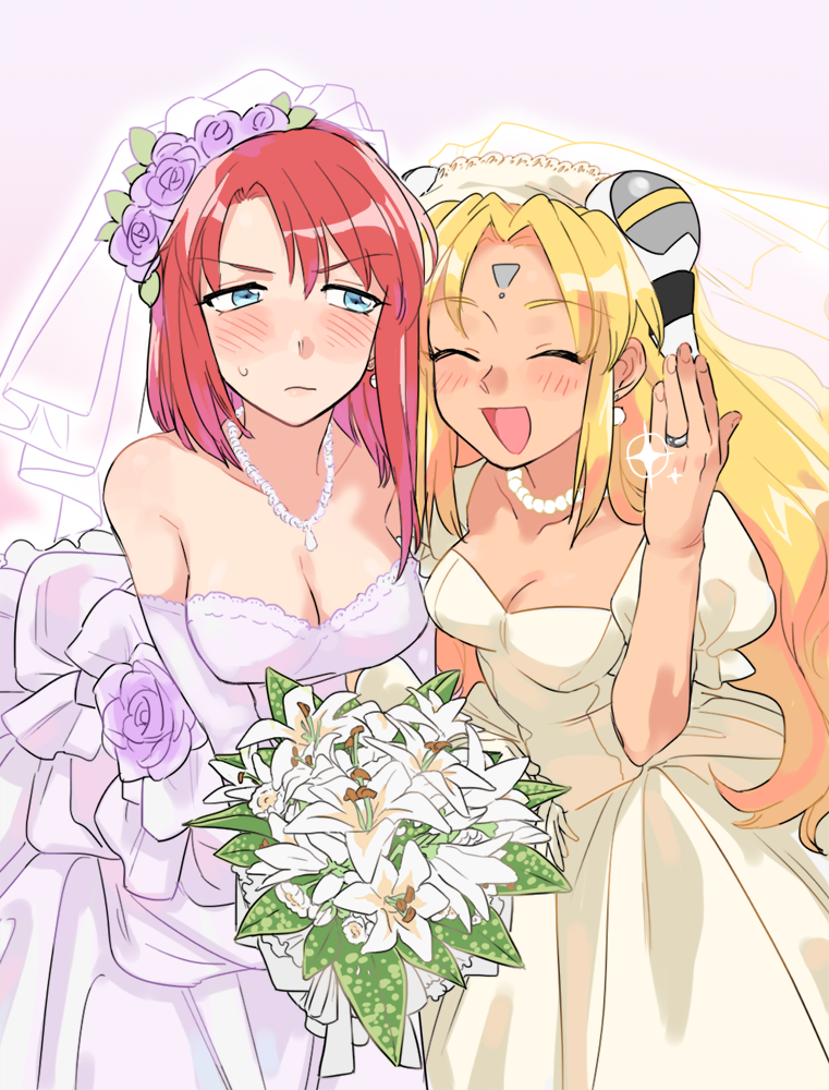 blonde_hair blue_eyes blush bouquet breasts bridal_veil bride cleavage closed_eyes couple dress earrings elbow_gloves flower forte_stollen galaxy_angel gloves hakinikui_kutsu_no_mise jewelry long_hair medium_breasts multiple_girls necklace open_mouth ranpha_franboise red_hair ring short_hair veil wedding_band wedding_dress white_gloves wife_and_wife yuri