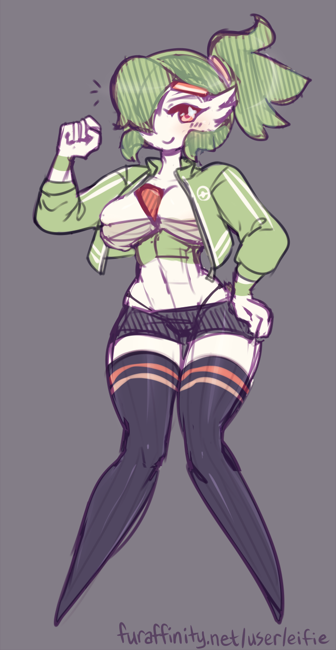 2017 abs anthro athlete athletic bangs big_breasts blush bound_breasts breasts chest_binding cleavage clothed clothing determined eifie female front_view gardevoir green_hair hair hairtie headband jacket legwear nintendo pok&eacute;mon pok&eacute;morph ponytail red_eyes shorts smile socks spats sporty standing stockings thigh_highs thigh_socks thong video_games wide_hips