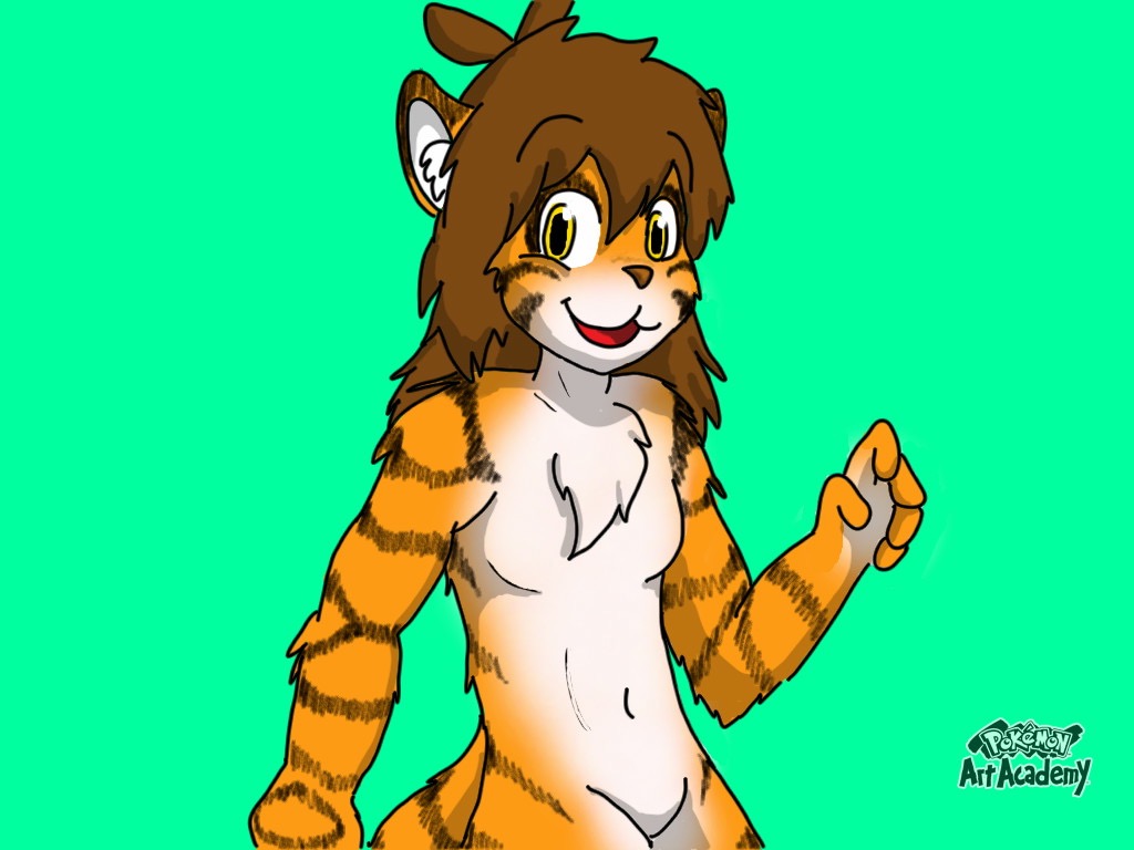 brown_hair feline flora_(twokinds) fur hair keidran mammal orange_fur pok&eacute;mon_art_academy simple_background smile solo stripes tiger tigerkitty twokinds white_fur yellow_eyes