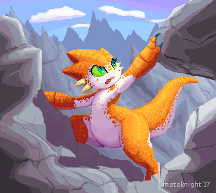 2017 anthro climbing digital_media_(artwork) dragon eyelashes featureless_crotch female green_eyes green_sclera low_res mataknight mountain orange_scales outta_sync pixel_(artwork) rock scales slightly_chubby solo tongue tongue_out