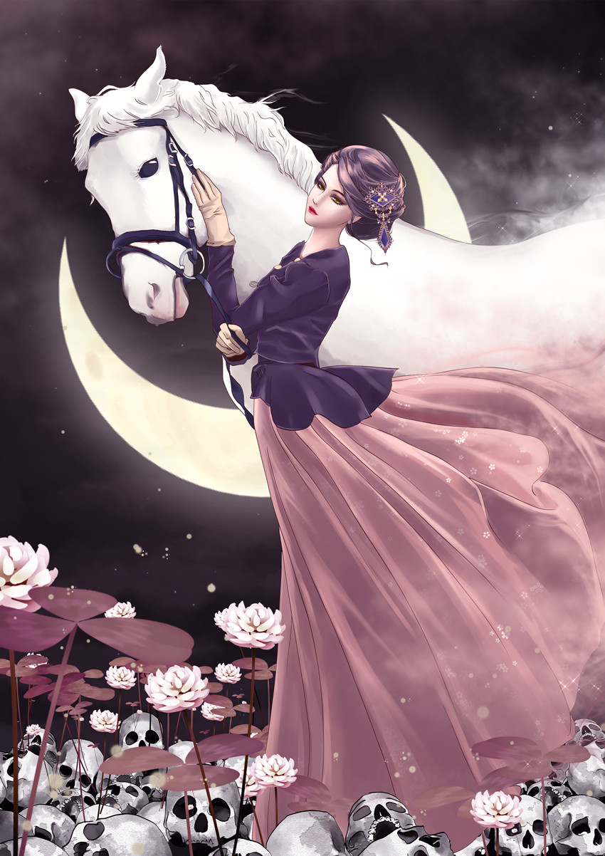 bridle brown_hair crescent_moon dress flower hair_ornament highres horse lipstick looking_at_viewer luna_ouyang makeup moon original pile_of_skulls standing tan_gloves white_horse