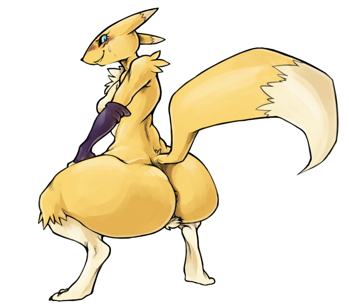 anthro anus big_butt breasts butt digimon edit female gaping gaping_anus looking_back mammal renamon simple_background smile solo sweat unknown_artist